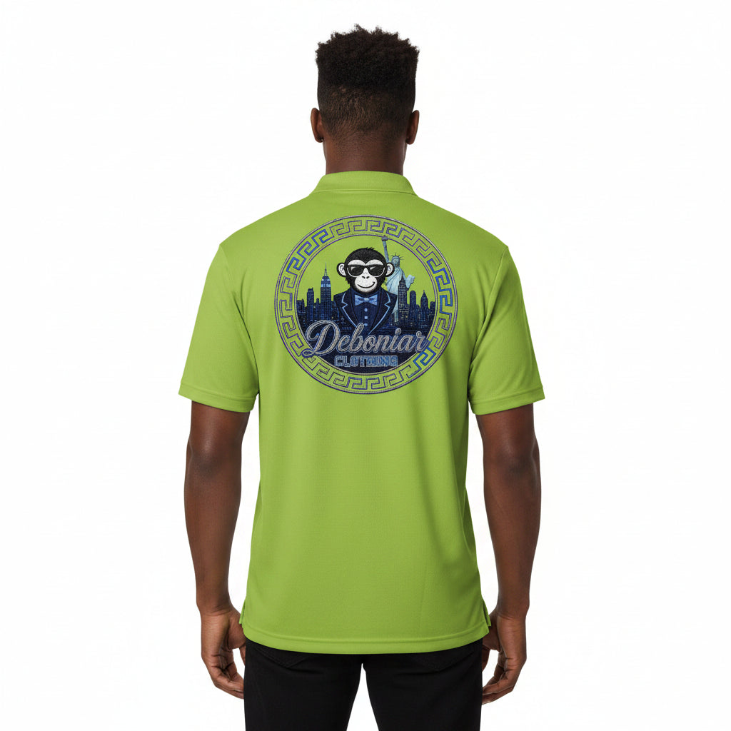 A lime green short-sleeve polo shirt shown from the back, featuring a large circular graphic print in the center with a cartoon monkey wearing sunglasses, a blue skyline, and the text 'Debeniat PLATINUM'.